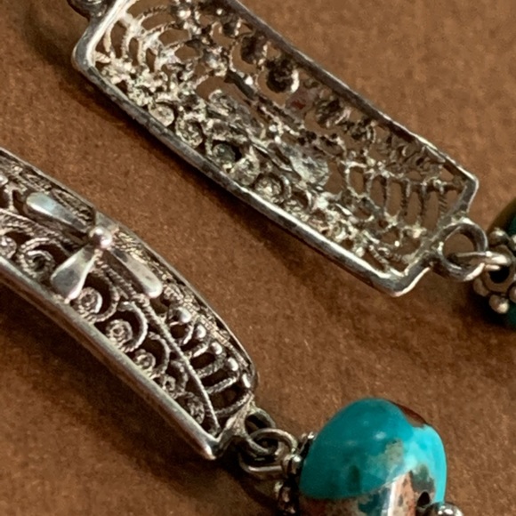 Sterling Silver Turquoise Filagree Dangle Earrings - Picture 5 of 5